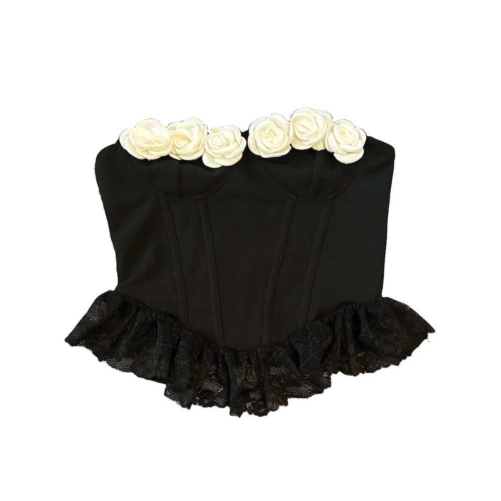 Coquette Goth Black Corset Bustier Womens Top S Strapless Ivory Rose Lace Ruffle